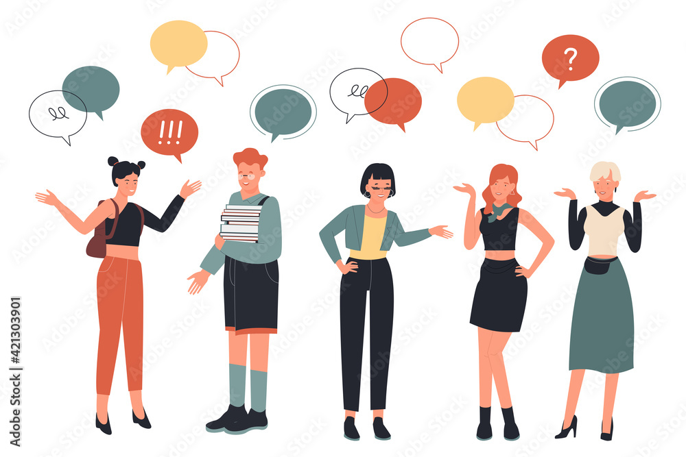 People talk, friendly or work communication vector illustration set. Cartoon man woman friend character talking with message bubble above head, businessman and lady solve work task isolated on white People talk, friendly or work communication vector illustration set. Cartoon man woman friend character talking with message bubble above head, businessman and lady solve work task isolated on white
