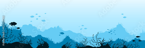Underwater ocean world background. Black silhouettes swimming sea fish with blue outlines corals and vector plants.