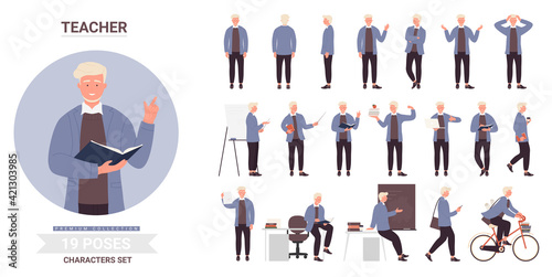 People at work or study vector illustration set. Cartoon tiny happy graduate student and woman scientist, boy courier with delivery box, man shopping and chef cooking, girl gardener working background