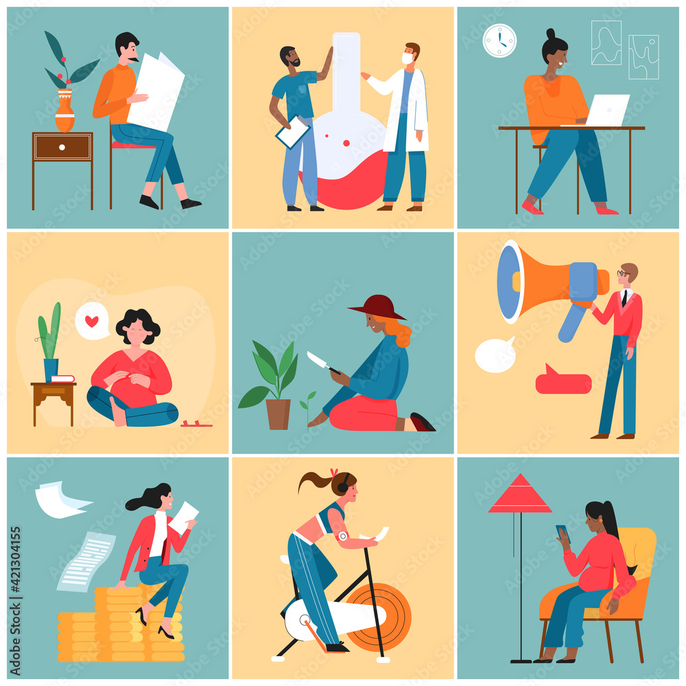 People work study, lifestyle activity vector illustration set. Cartoon active scientist team working, happy pregnant woman sitting, businesswoman with money, business manager and megaphone background