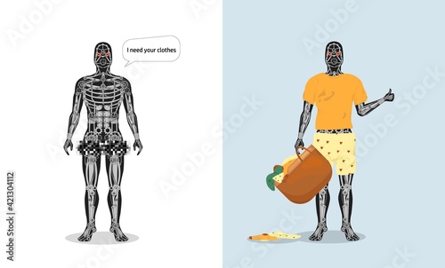 Robot in clothes and without clipart. Mechanical humanoid skeleton automaton and contentedly dressed with basket secondhand vector things.