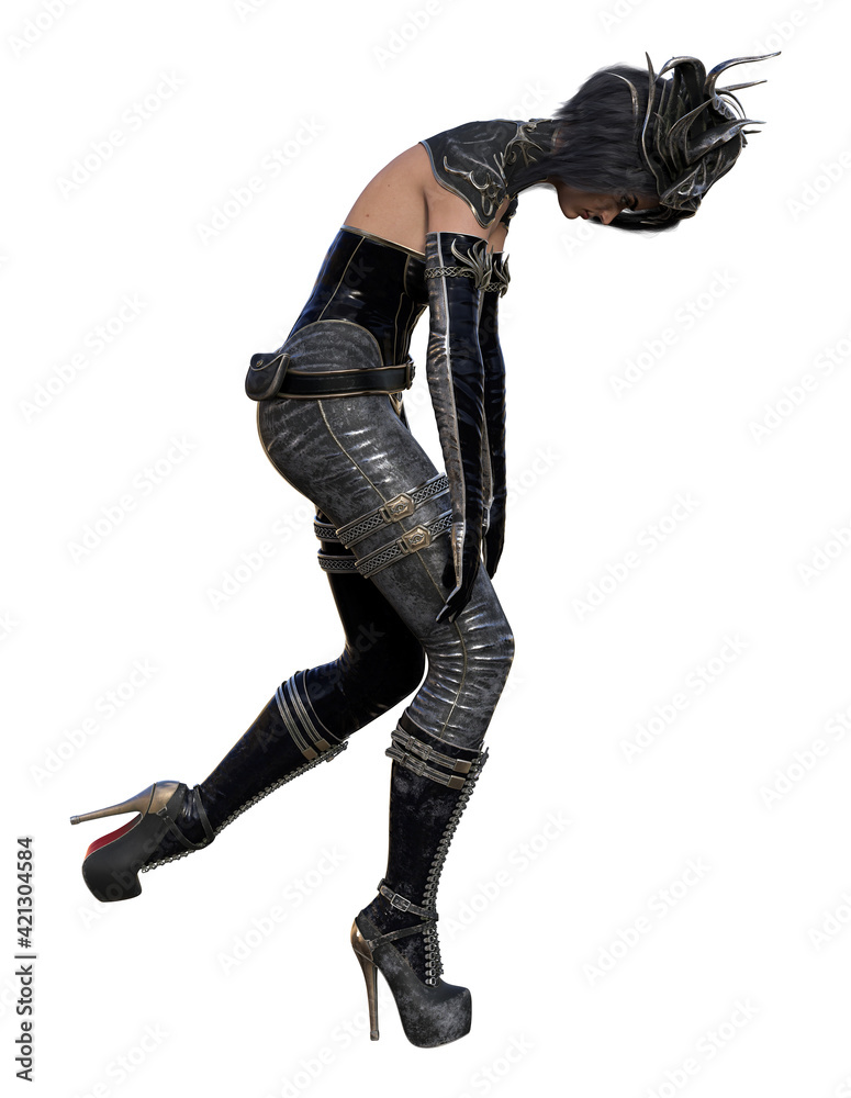 Illustration of a woman wearing a tight leather outfit and a crown in the shape of horns leaning over in a defeated pose on a white background. Illustration of a woman wearing a tight leather outfit and a crown in the shape of horns leaning over in a defeated pose on a white background.