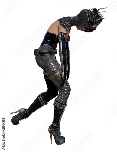 Canvas Print Illustration of a woman wearing a tight leather outfit and a crown in the shape of horns leaning over in a defeated pose on a white background