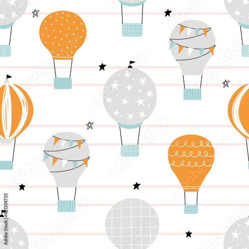 Vector hand-drawn seamless repeating children simple pattern with air balloons and stars in Scandinavian style on a striped background. Kids seamless pattern with air balloons. Funny transport.