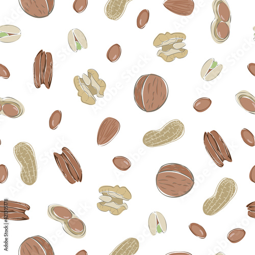 Vector Nuts Walnuts Pecans Almonds Peanuts Pistachios Scattered on Biege Background Seamless Repeat Pattern. Background for textiles, cards, manufacturing, wallpapers, print, gift wrap and