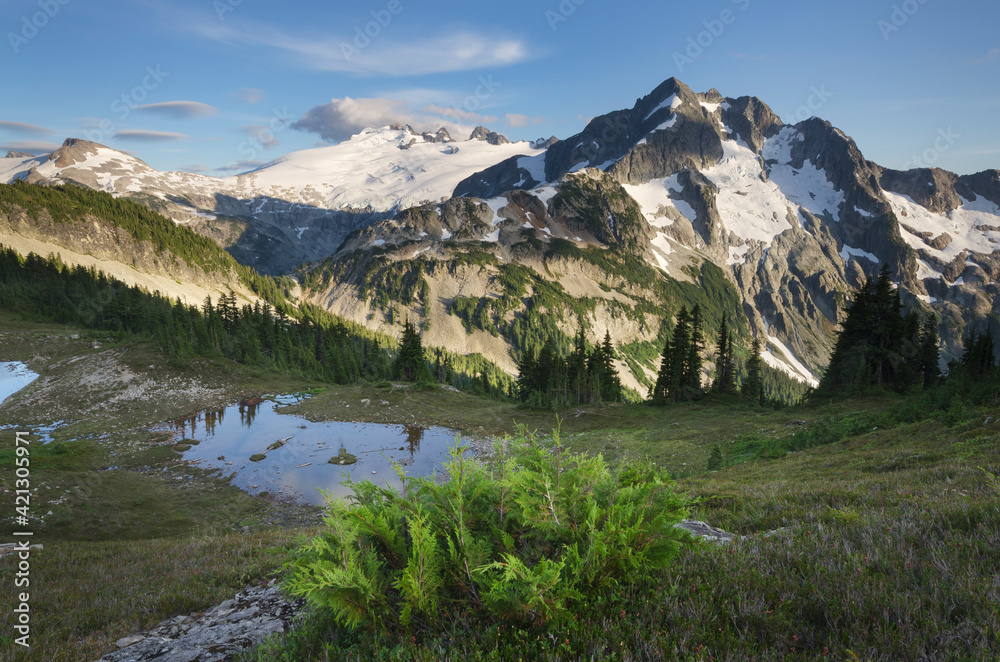 Mount Challenger and Whatcom Peak seen from Tapto Lakes Basin on Red face Peak, North Cascades National Park