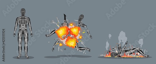 Exploding and burning cyborg clipart. Humanoid robot mechanical body parts self destructs with bright red flash and shattered metal remnants burn in vector plasma.