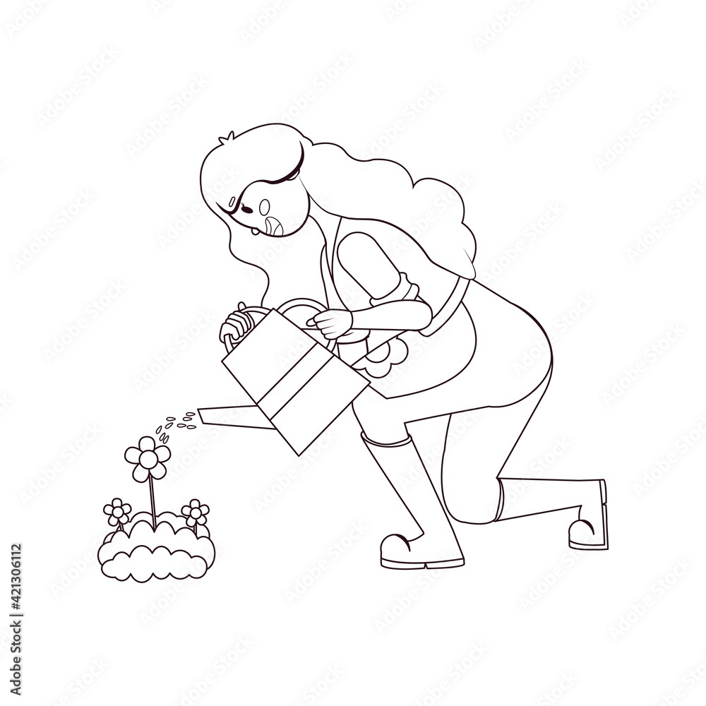 Isolated woman watering plants - VEctor illustration design