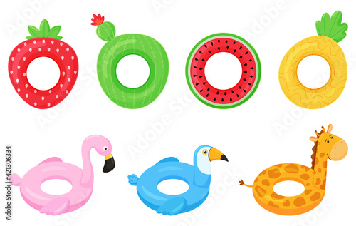 Set of rubber colorful inflatable swimming rings. Strawberry, cactus, pineapple, watermelon, pink flamingo, giraffe and toucan.