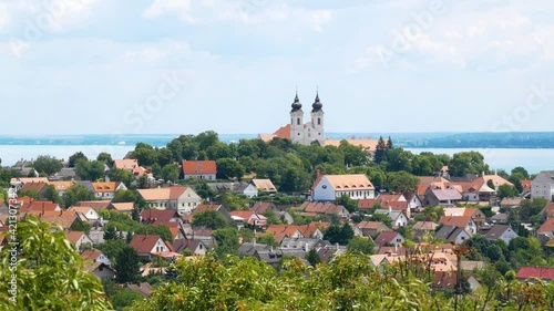 Aerial view of Tihany Abbey. Beautiful panorama view of the Benedictine monastery. Tihany, Lake Balaton Hungary, Europe 4K photo