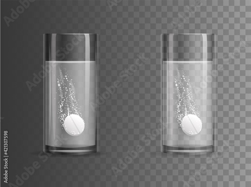 Effervescent tablet dissolves in glass beaker mockup. Realistic white pill with hiss and bubbles disappear into transparent vector bowl with water.
