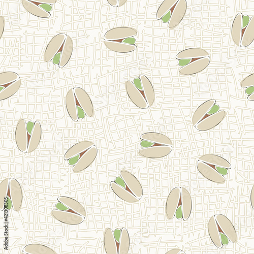 Vector Nuts Pistachios in Beige Green on Beige Background Seamless Repeat Pattern. Background for textiles, cards, manufacturing, wallpapers, print, gift wrap and scrapbooking.