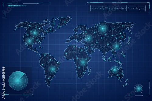 Techno world map. Digital continents with rays meredians and ocean grid futuristic global continents for travel vector future.