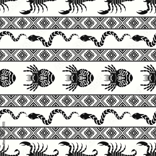 vector black ethnic snake spider and scorpion seamless pattern on white