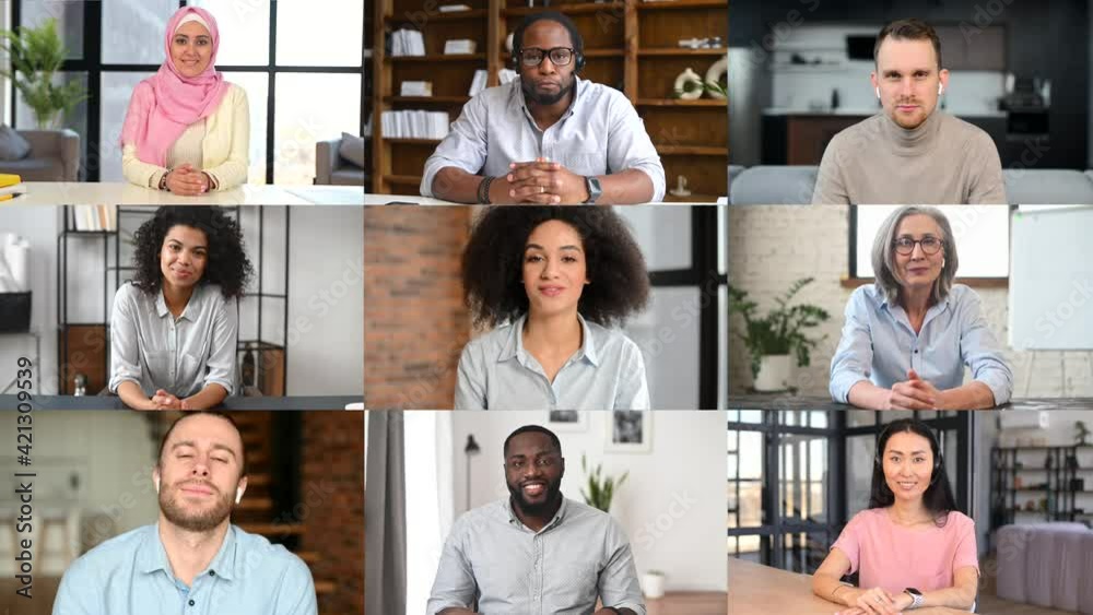 Morning meeting online. Video screen of group of diverse employees discussing online, a young African woman in the center holding conference. App for video call, virtual briefing, online seminar
