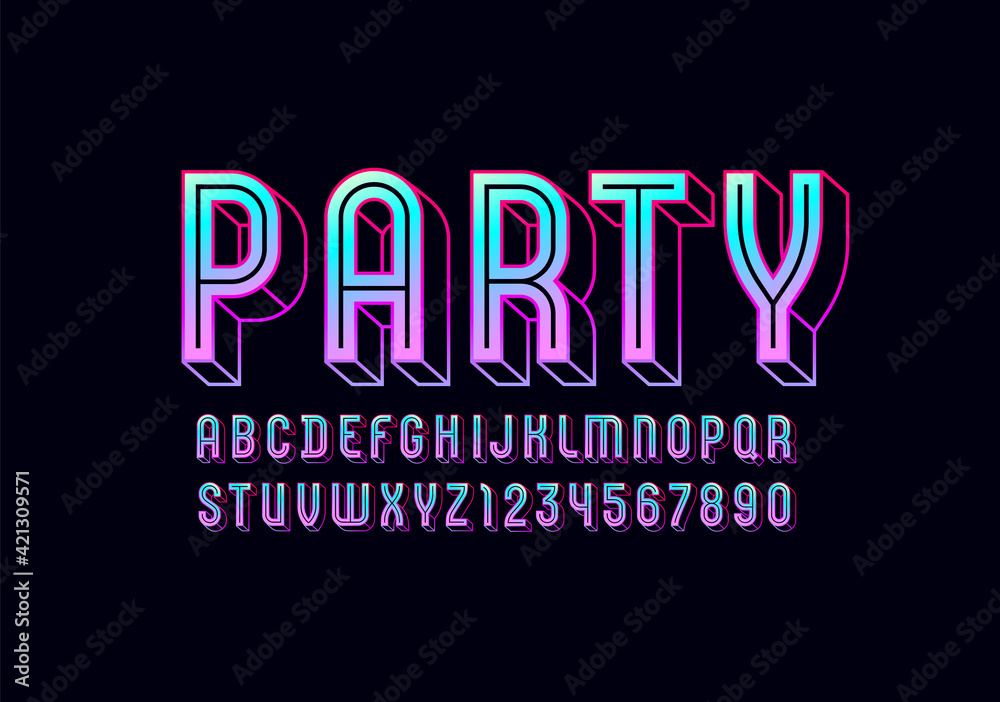 Fototapeta premium 3D Font from vibrant color, trendy modern bright alphabet, contour condensed letters and numbers, vector illustration 10eps