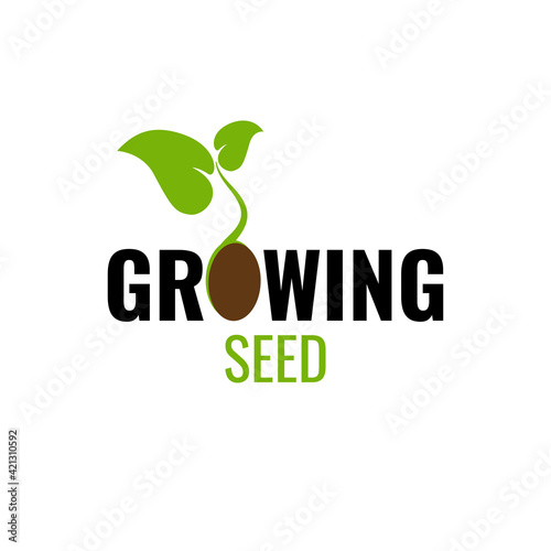 Sprouting seed on white background. Green cartoon sprout with text growing seed. Logo, icon, sign, symbol concept design. vector illustration.