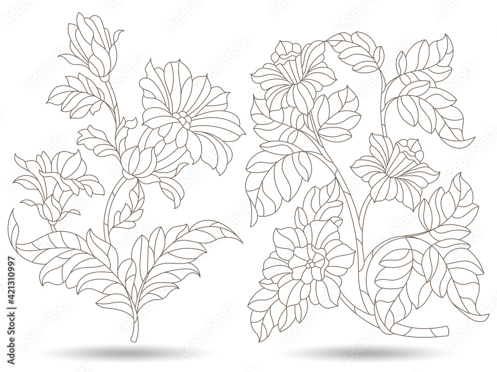 Set of contour illustrations in stained glass style with abstract flowers, dark outlines isolated on a white background Set of contour illustrations in stained glass style with abstract flowers, dark outlines isolated on a white background