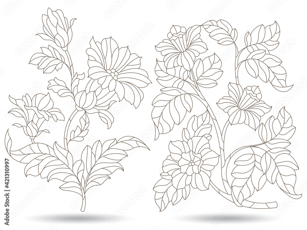 Set of contour illustrations in stained glass style with abstract flowers, dark outlines isolated on a white background