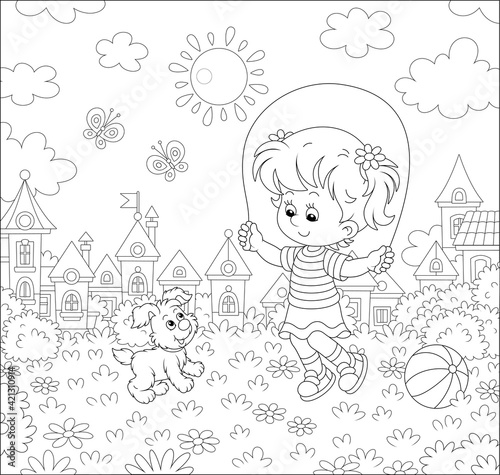 Happy little girl jumping rope with her cute and merry pup in a summer park of a small town, black and white outline vector cartoon illustration for a coloring book page