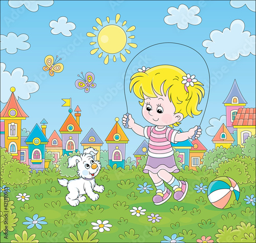 Happy little girl jumping rope with her cute and merry pup in a green summer park of a small town, vector cartoon illustration