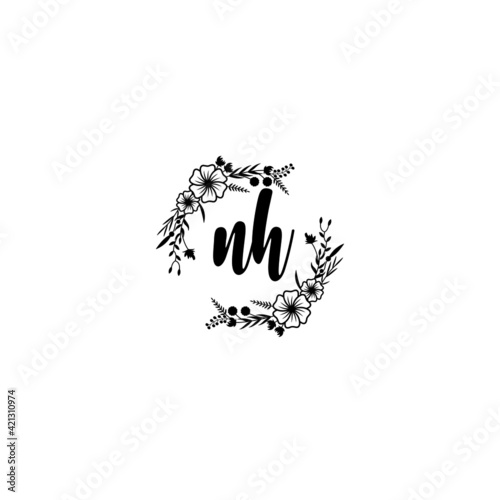 NH initial letters Wedding monogram logos, hand drawn modern minimalistic and frame floral templates