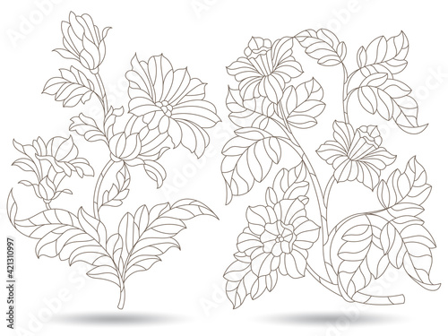 Set of contour illustrations in stained glass style with abstract flowers  dark outlines isolated on a white background