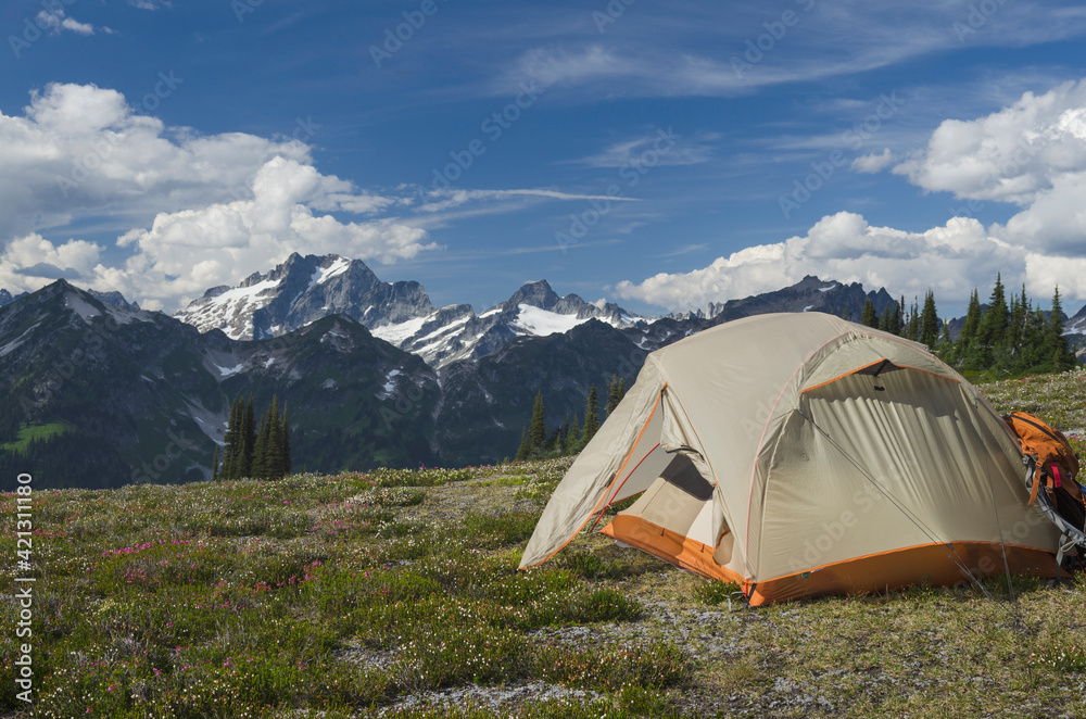 USA, Washington State. North Cascades backcountry camp, Dome Peak in the distance, Glacier Peak Wilderness.