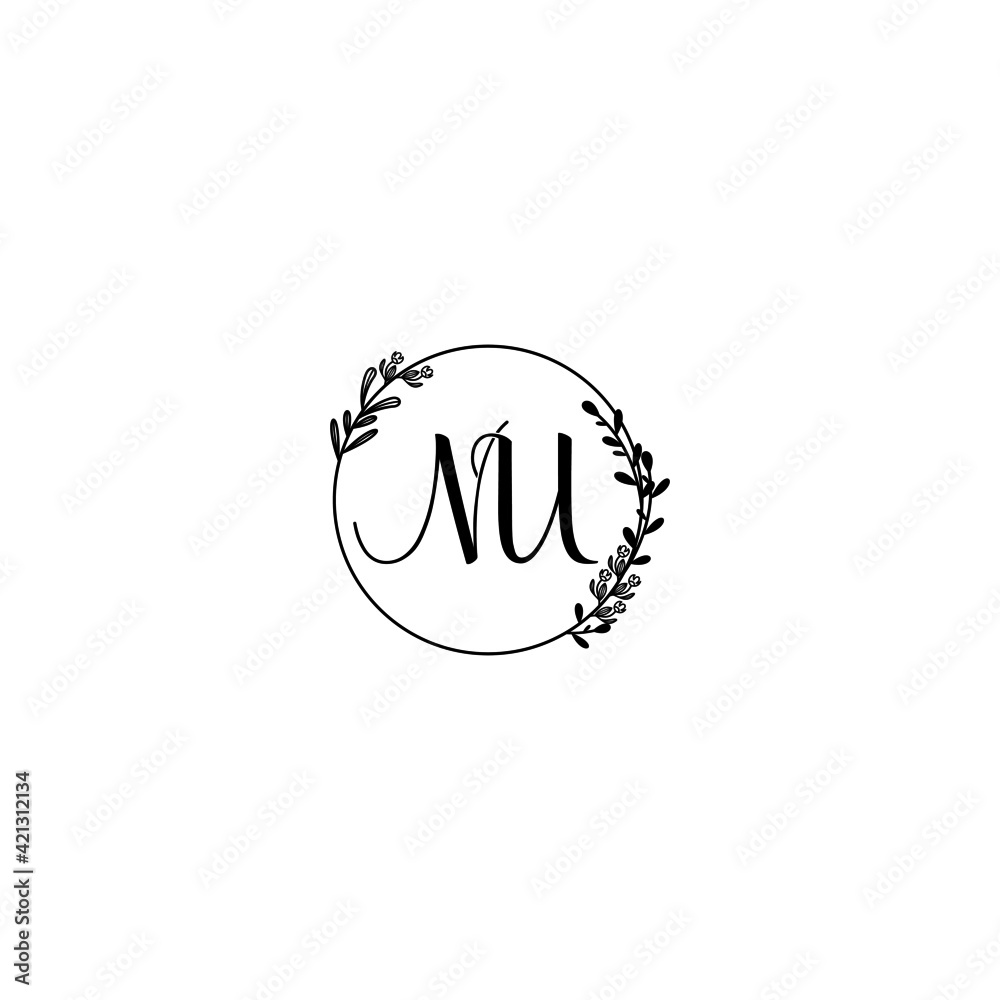 NU initial letters Wedding monogram logos, hand drawn modern minimalistic and frame floral templates