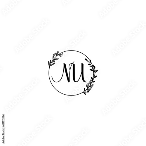 NU initial letters Wedding monogram logos  hand drawn modern minimalistic and frame floral templates