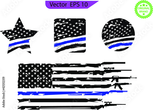 Thin blue line US flag. Flag with Police Blue Line - Distressed American flag. eps 10, sheriff star, flag shape badge set.	
