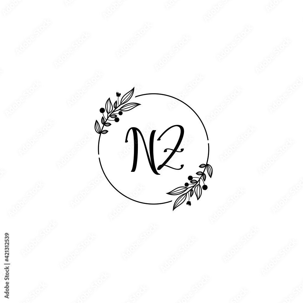 NZ initial letters Wedding monogram logos, hand drawn modern minimalistic and frame floral templates