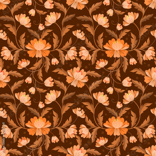 Orange hand drawn flower seamless pattern background design for fabrics  textiles  gift wrapping  wallpapers  backgrounds  and backdrops.