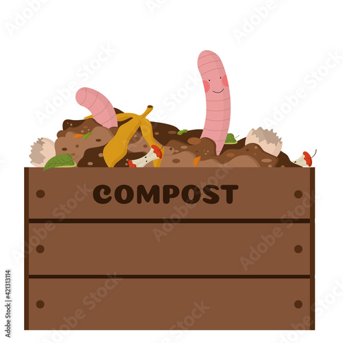 a worm in a compost wooden box is happy to recycle food waste. Organic recycling concept. Vector image on a white background.