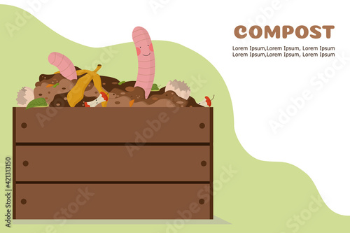 a worm in a compost wooden box is happy to recycle food waste. Organic recycling banner concept. Vector image.