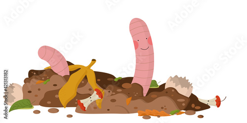 A cute worm with pink cheeks in the ground, next to it lies plant waste: banana skin, apple core, eggshell, peelings. concept of composting organic matter. organic farming. utilization of organic wast