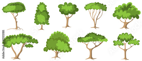 Set of green trees with foliage - fruit tree painted in the modern doodle style, coloring book for children. Icon for garden magazine, outline drawing symbol.