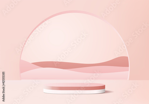 3d display product abstract minimal scene with geometric podium platform. cylinder background vector 3d rendering with podium. stand for cosmetic products. Stage showcase on pedestal 3d pink studio