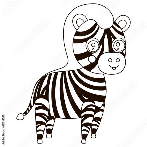 Cute black and white little smiling cartoon zebra. African contour striped horse for children s graphic design  coloring book. Vector.