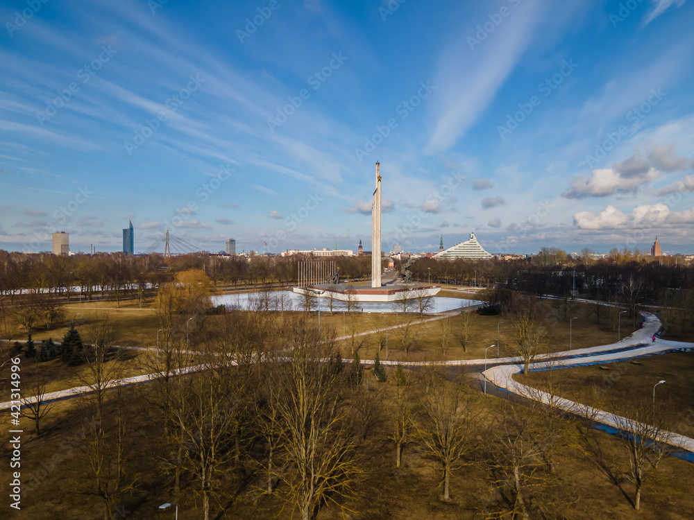 Fototapeta premium World War II Victory Monument to Soviet Army in Riga. Victory park in Riga, Latvia. Victory monument. View from drone