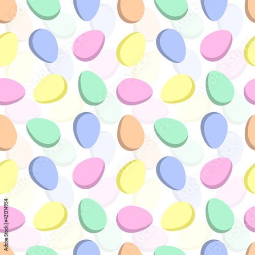 Easter background with colored eggs in pastel colors. For printing on decorative pillows, kitchen textiles, fabrics, and festive wrapping paper. 