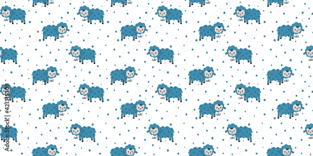 Seamless toddler pattern of cute cartoon standing blue lambs, calligraphic hand letterings 