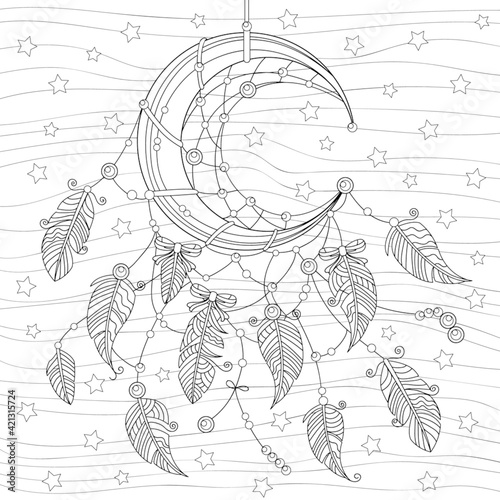 Dreamcatcher moon with feathers on stars sky. Boho catcher with jewelry, zentangle elements and doodles. Coloring book page for adult for meditation and anti stress. Vector hand drawing.