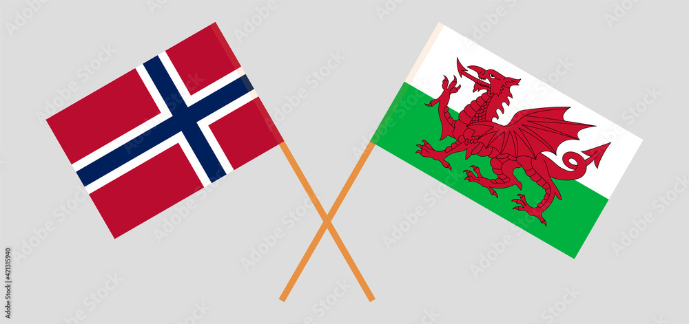 Crossed flags of Norway and Wales. Official colors. Correct proportion