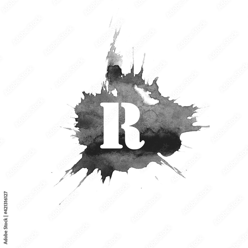 Obraz premium Black color letter R, alphabet on grunge ink spot splatter, spray, isolated design element, graffiti style, halftone, monochrome