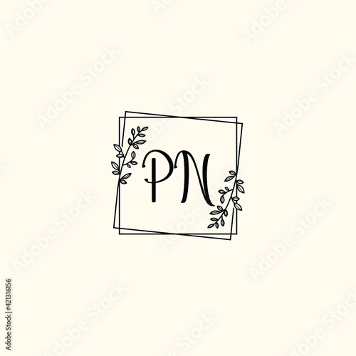 PN initial letters Wedding monogram logos, hand drawn modern minimalistic and frame floral templates