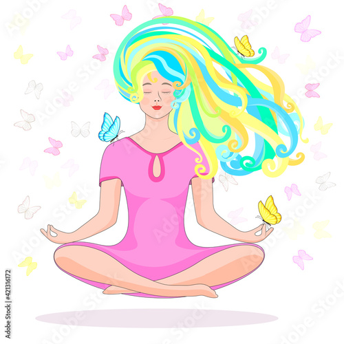 A woman meditates in nature . The lotus position. Butterflies fly. Concept illustration for yoga  meditation  relaxation  relaxation  healthy lifestyle. Vector