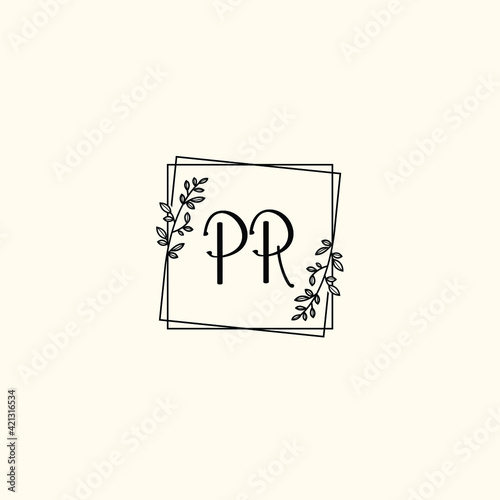 PR initial letters Wedding monogram logos, hand drawn modern minimalistic and frame floral templates