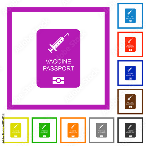 Vaccine passport flat framed icons