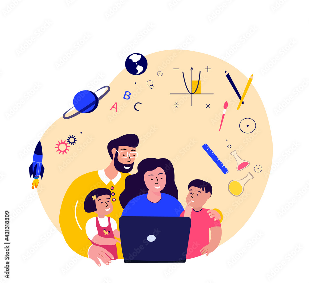 Online Education For Children Parents Mother Father Children Students Kid Study Homework Lesson In Laptop With Family Digital Learning Home Schooling Pupil Study In Internet Flat Vector Illustration Stock イラスト Adobe Stock